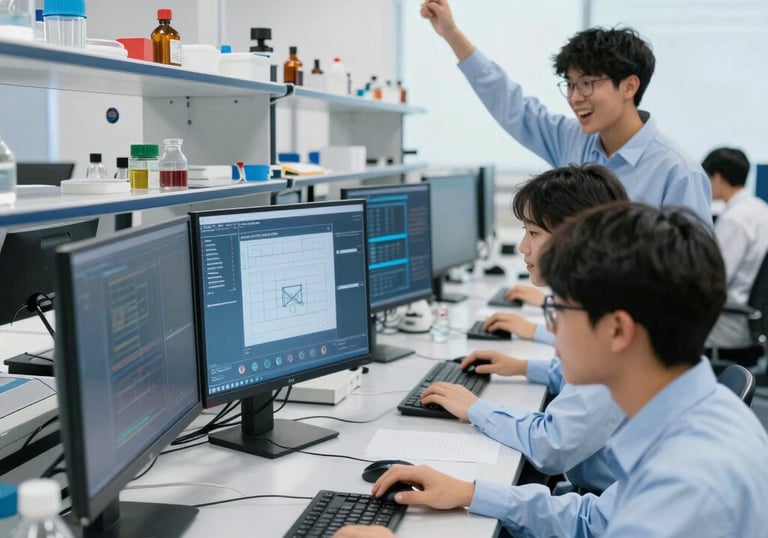 A bright, well-stocked library filled with students studying and collaborating.