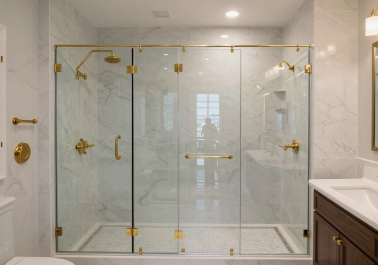 A wide shot of a luxury bathroom remodel featuring a glass shower and amber gold fixtures in a North American / US (Dallas-Fort Worth) residence.