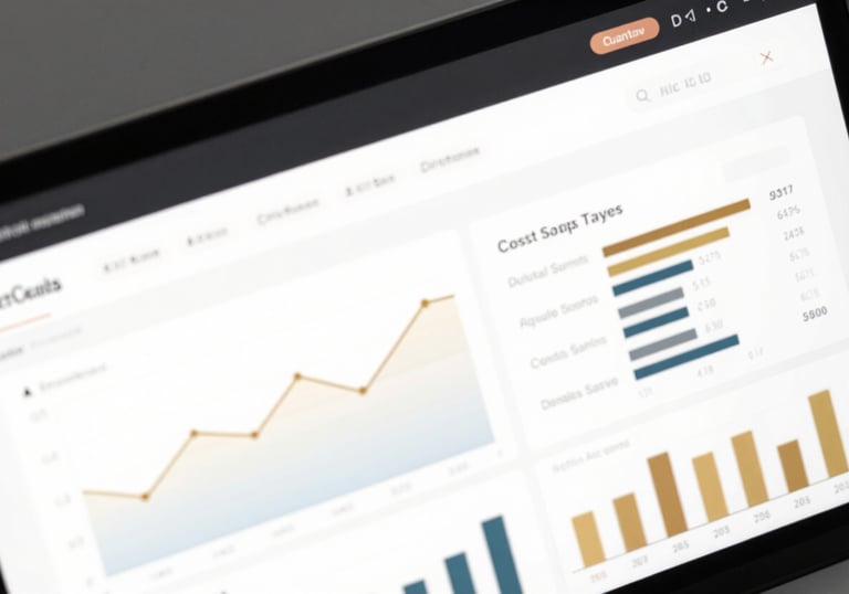 A close-up of a digital dashboard showing productivity metrics and cost-savings charts. The design is clean, with black and golden copper accents, reflecting a high-efficiency business tool vibe.