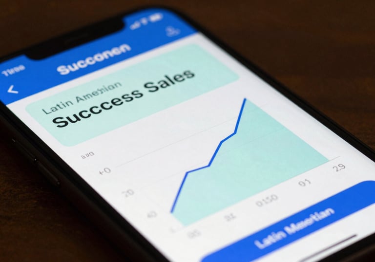 A close-up of a smartphone screen showing a successful sales graph with professional blue and soft mint colors in a Latin American / Spanish setting.
