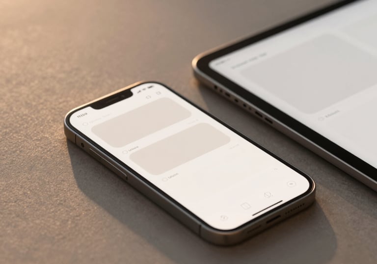 A refined aesthetic shot of a smartphone and tablet showing clean, minimalist digital layouts, bathed in warm sunset light #b5957a.