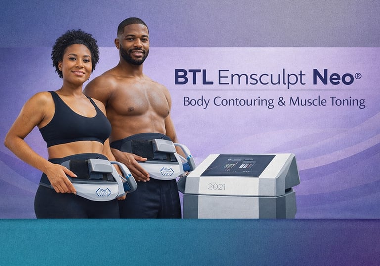 Man and woman using BTL Emsculpt Neo body contouring devices on abdomen w modern clinic equipment