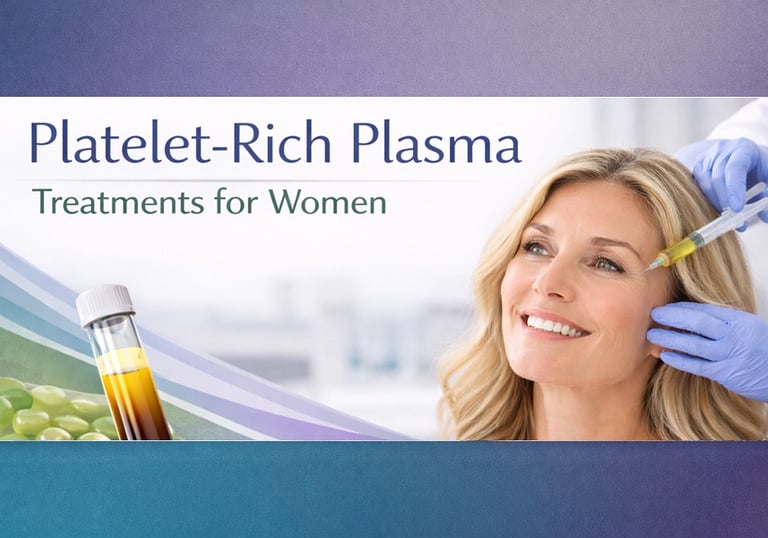 a woman with shoulder length hair smiling as gloved hands with platelet rich plasma 