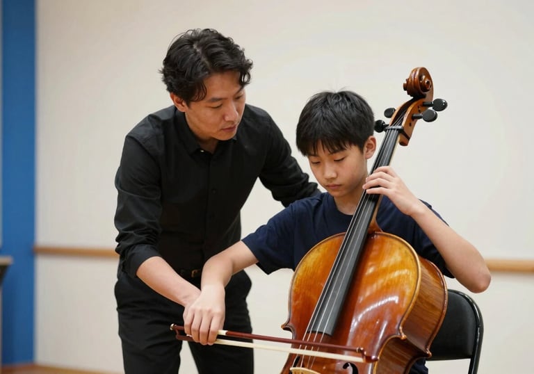 A professional musician mentoring a young student with a cello in a bright room with off-white walls and steel blue accents. Encouraging and educational mood.