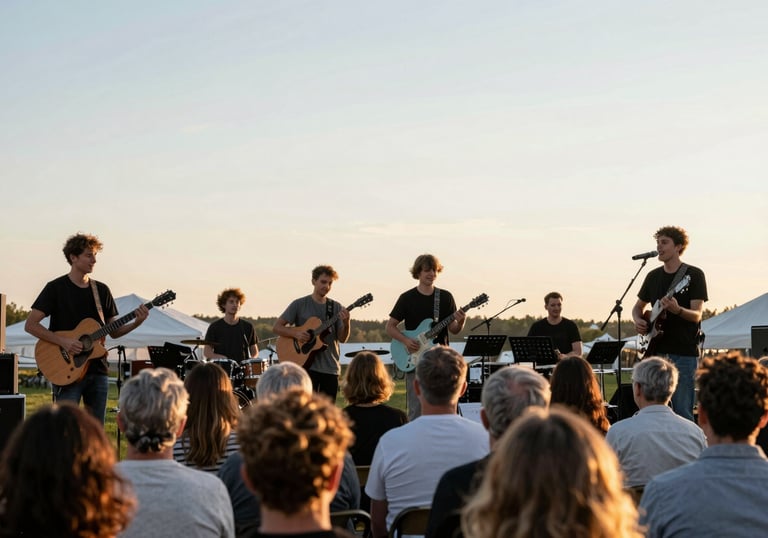 An outdoor community concert at sunset. Musicians are performing for a diverse, smiling audience. Soft pale blue sky and warm golden light.