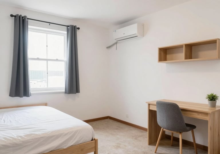 A neatly made single bed with soft pillows in a bright, shared bedroom.