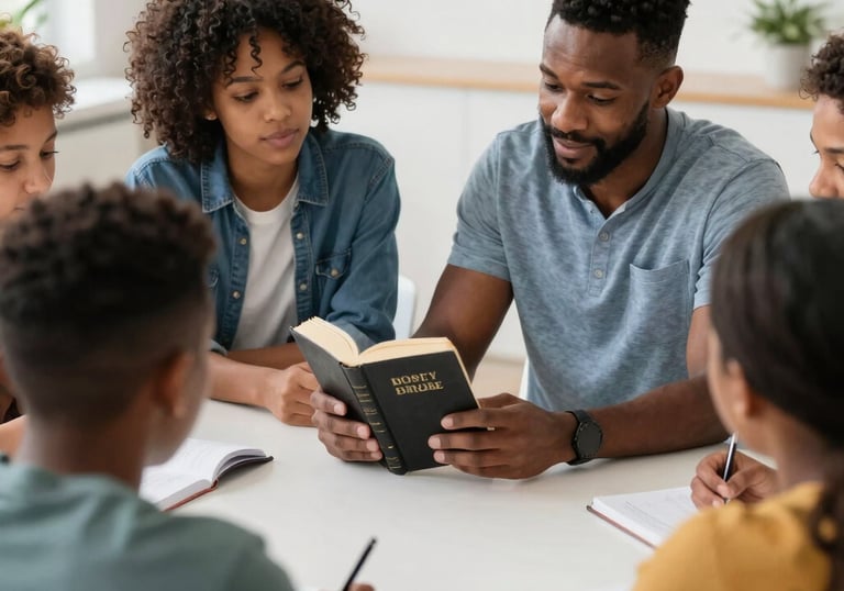 A warm classroom setting with a teacher engaging a small group in scripture study.