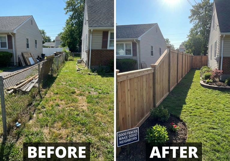 Before and after of a residential backyard featuring a new tall cedar wood privacy fence installation.
