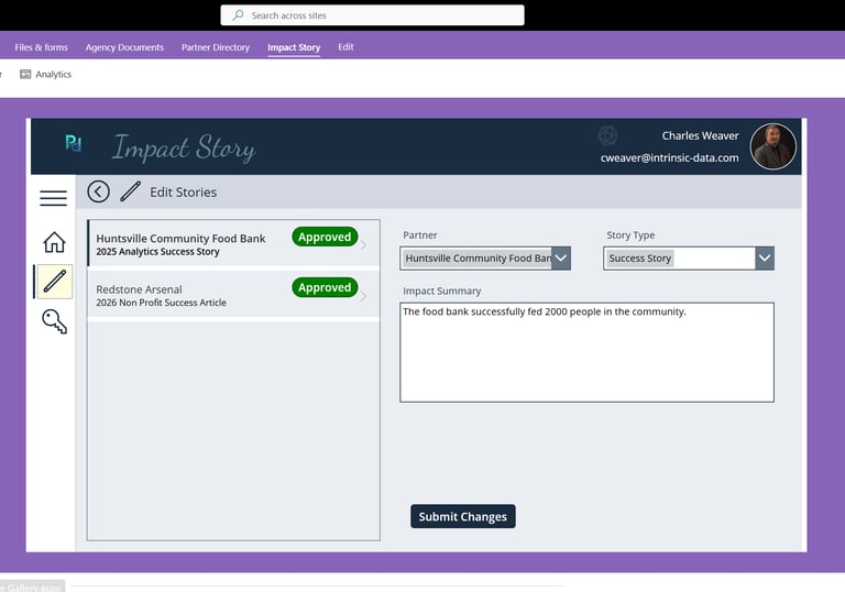 Microsoft SharePoint Partner Connect dashboard showing an approved Impact Story and analytics success data.
