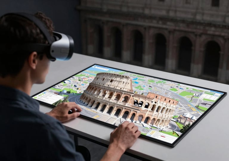 A person wearing an AR headset looking at a digital map of ancient Rome projected onto a modern white desk. Innovative, high-contrast lighting, North American / Global context.