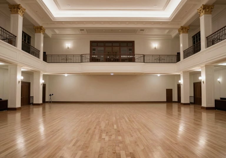 The interior of a grand ballroom in the US, captured after a successful event. The space is immaculately clean, demonstrating professional breakdown service.