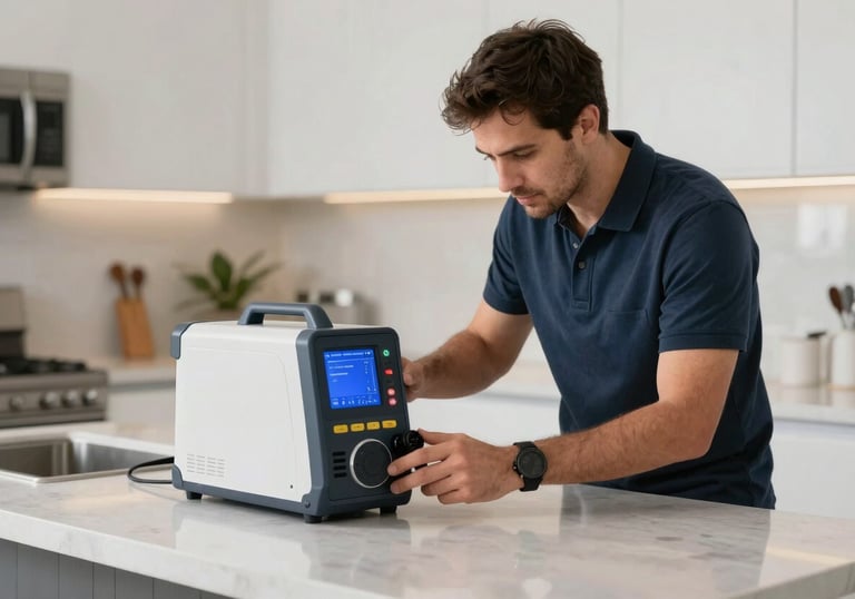 A technician using a professional air quality testing device in a modern, well-lit North American / Floridian kitchen with light gray countertops.