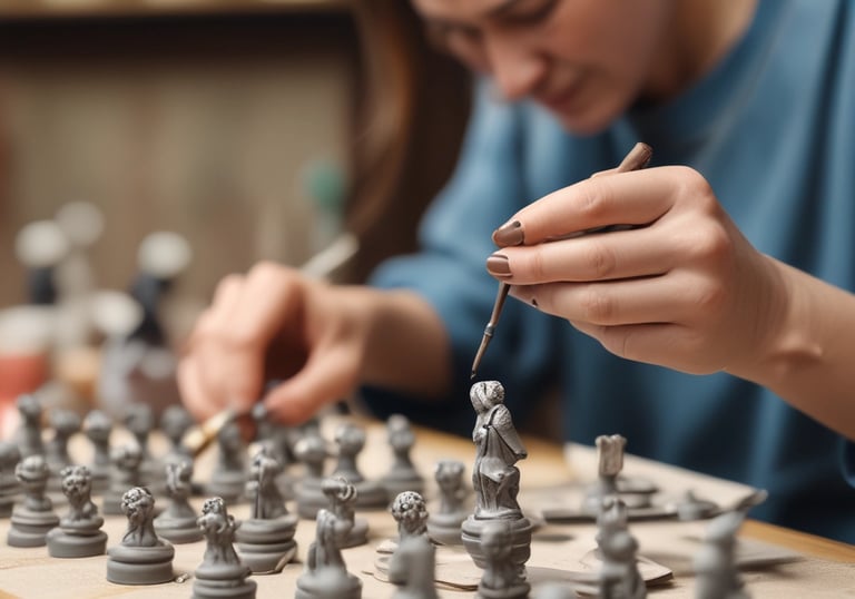 A cozy workshop corner showing tools, wood pieces, and paintbrushes bathed in warm light.