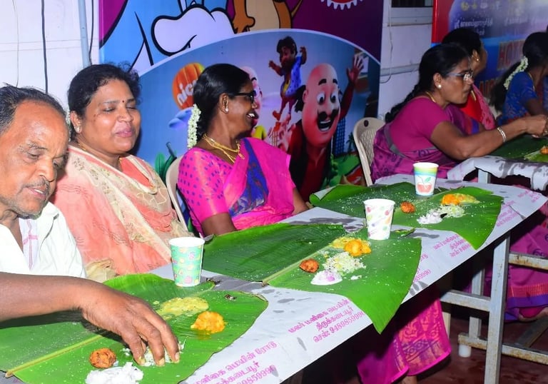 Traditional vegetarian meals served for family guests at Hotel Aishwariyam Thirukadaiyur hotel near Abirami Temple