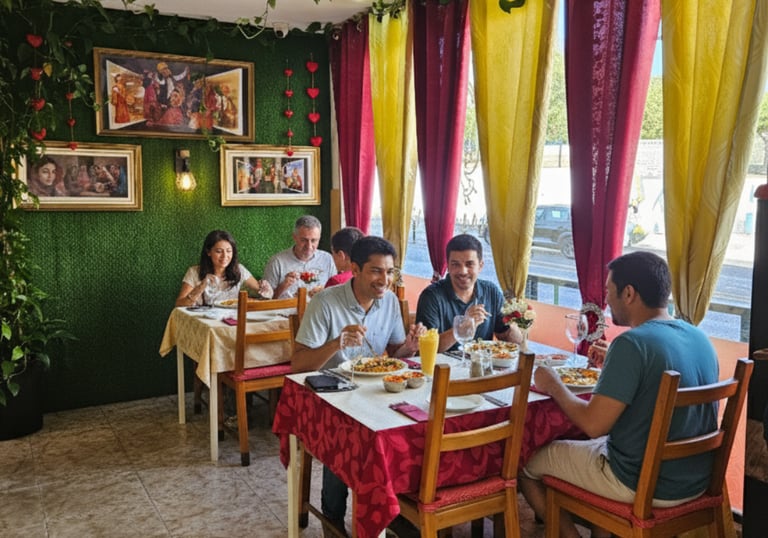 Variety of Indian cuisine including tandoori chicken, butter chicken, garlic naan, and biryani rice.