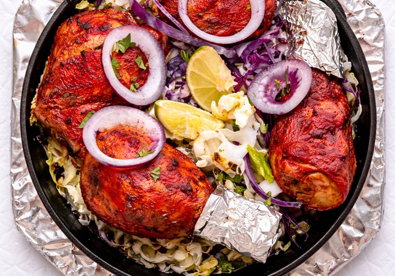 Tandoori chicken drumsticks served in a cast iron skillet with red onions, cabbage, and lime wedges.