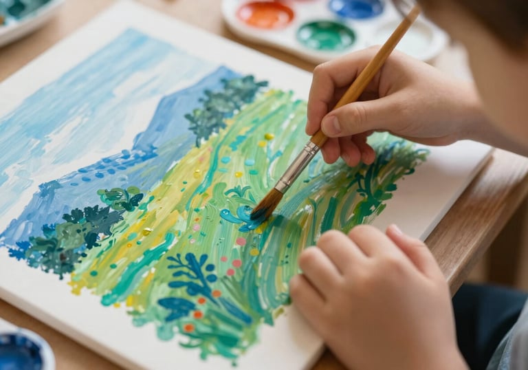 A close-up of a child's hands painting a vibrant landscape on a canvas. Paint brushes and color palettes featuring #2B557C and #8FA8B8 are visible. Soft, artistic blur in the background.