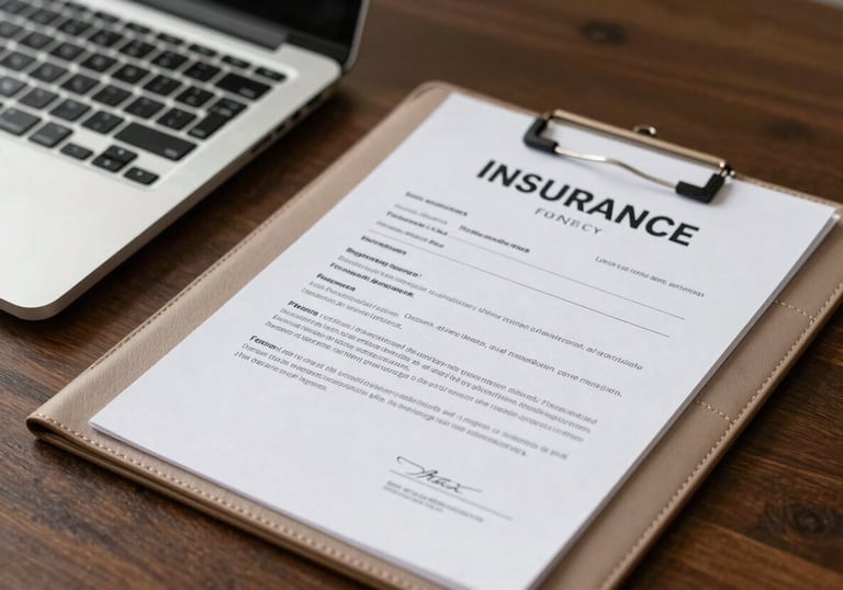 A desk with a laptop and a warm taupe leather folder. A professional insurance policy document sits on top. Sophisticated and reliable style.