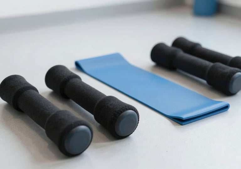 A close-up of resistance bands and mobility tools on a clean clinic floor, symbolizing preventive maintenance and strength. Palette #0A2E5B and #D9E0E7.