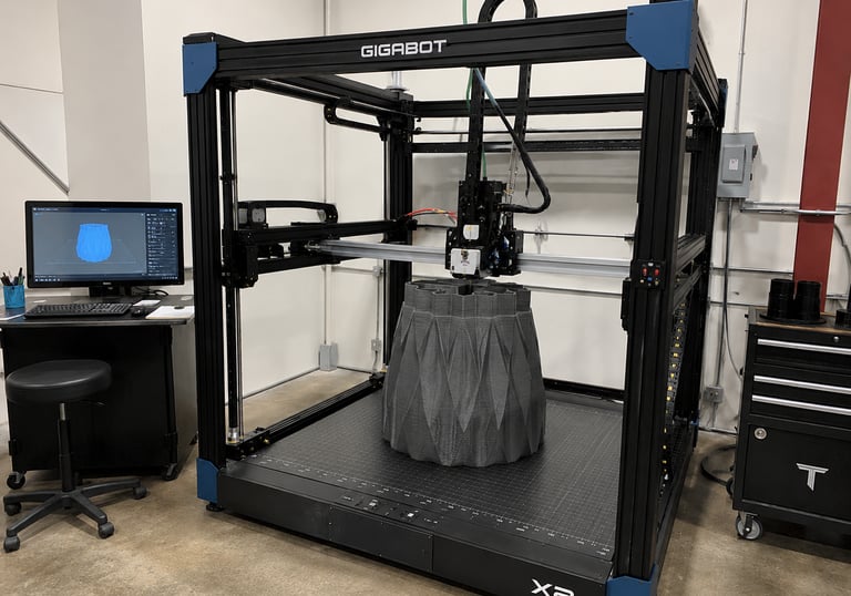 A large-scale Gigabot X2 industrial 3D printer manufacturing a grey geometric structure in a workshop.