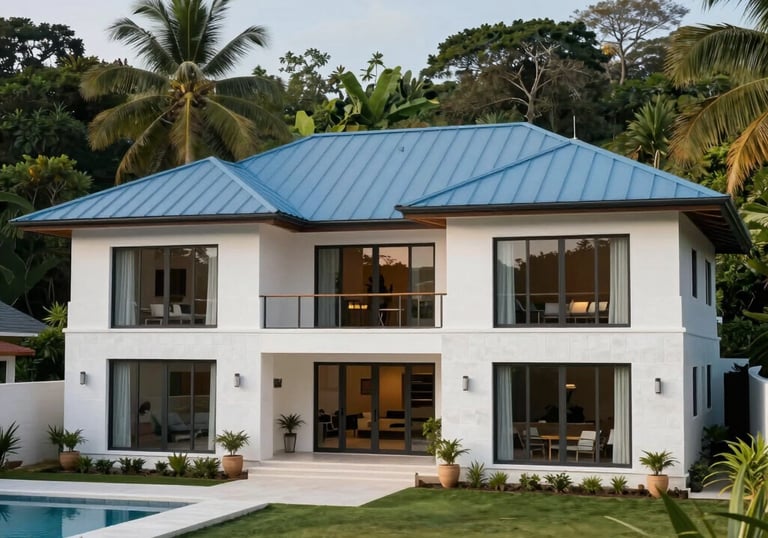 A wide shot of a beautifully completed contemporary Jamaican villa. The design features large glass windows, a steel-blue roof, and clean white masonry, perfectly integrated into the lush landscape of Hanover.