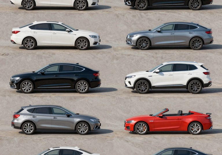 A warm-toned image showing a person happily browsing car models on a laptop.