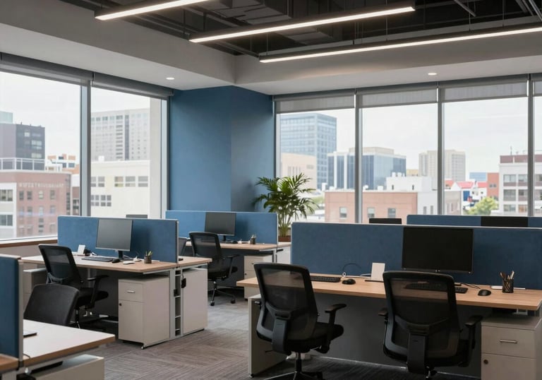 Photography of a modern, organized North American / US open-plan office with slate blue accents and large windows showing a bright city view.