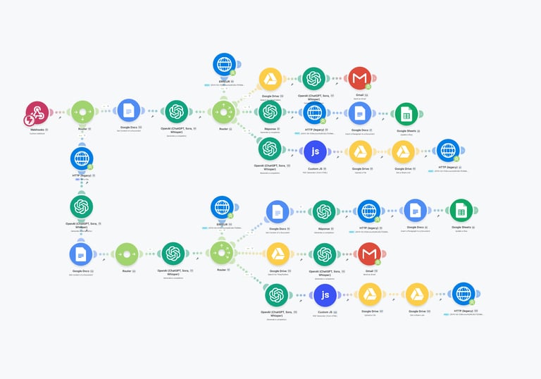 Automated workflow diagram showing API integrations between OpenAI, Google Drive, Gmail, and custom webhooks.