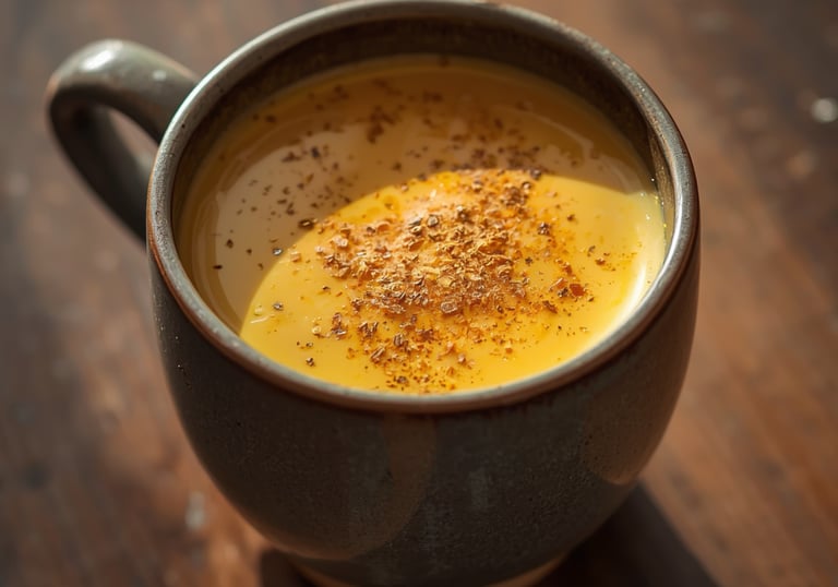 Creamy golden turmeric latte topped with ground cinnamon in a ceramic mug on a wooden table.