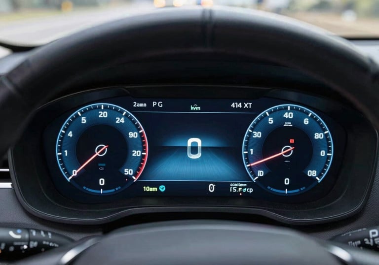 The high-resolution digital cockpit of a modern vehicle glowing with slate blue interface data.