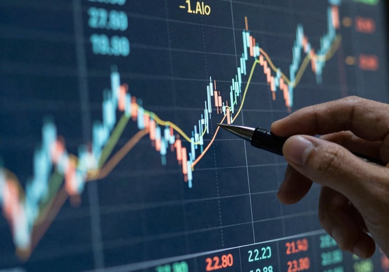Sleek visualization of American stock market trends with metallic silver and royal blue tones.