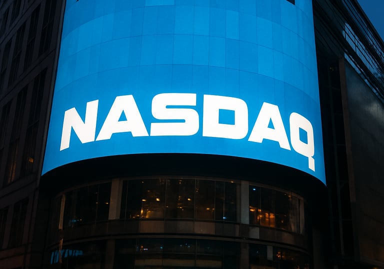 Dark-themed graphic showing Nasdaq stock market charts with blue and silver accents.