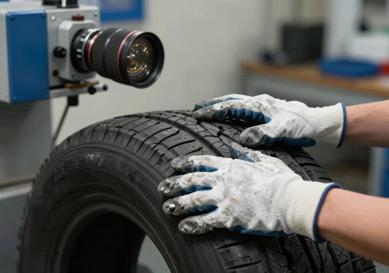 Close-up of hands in protective gloves balancing a tire on a specialized machine, medium blue lighting accents, professional workshop.