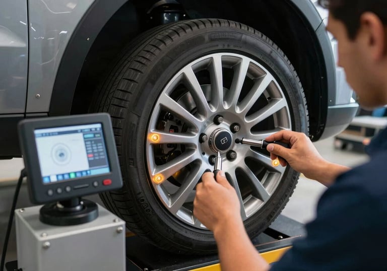 Technician using a digital alignment system on a car wheel, glowing sensor lights, high-tech automotive equipment, South American / Brazilian shop.