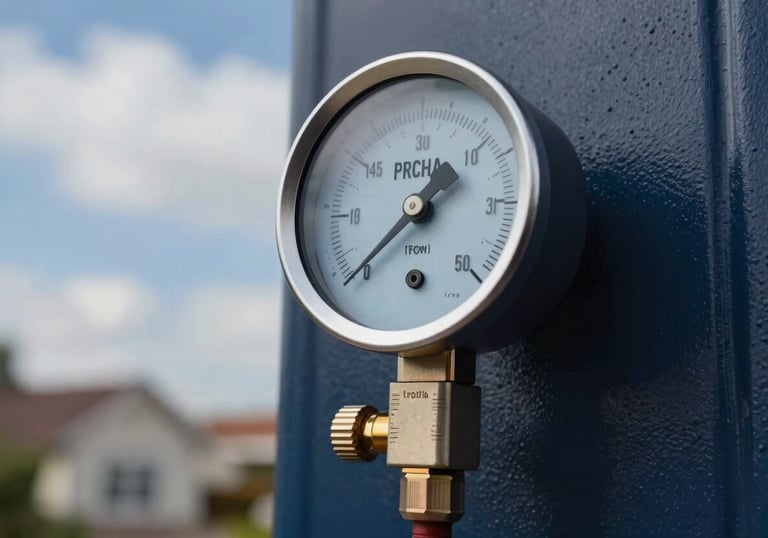 A modern digital pressure gauge showing professional HVAC readings in a clean North American / US home environment, cloudy blue and deep navy colors.