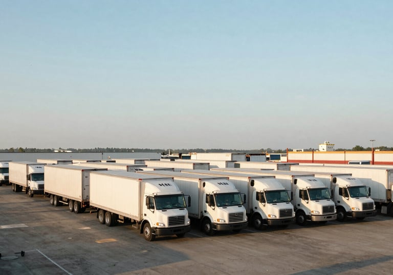 Wide-angle photograph of a large, well-organized North American shipping dock with box trucks lined up for timely departure, soft morning lighting in light blue and off-white tones.