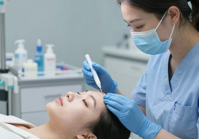 A serene treatment room with acupuncture needles gently placed on a patient's back.