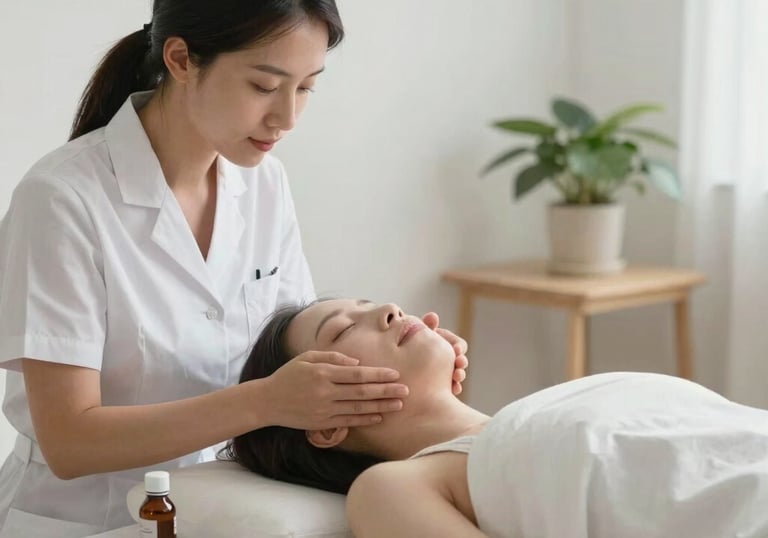 A serene treatment room with acupuncture needles gently placed on a patient's back.