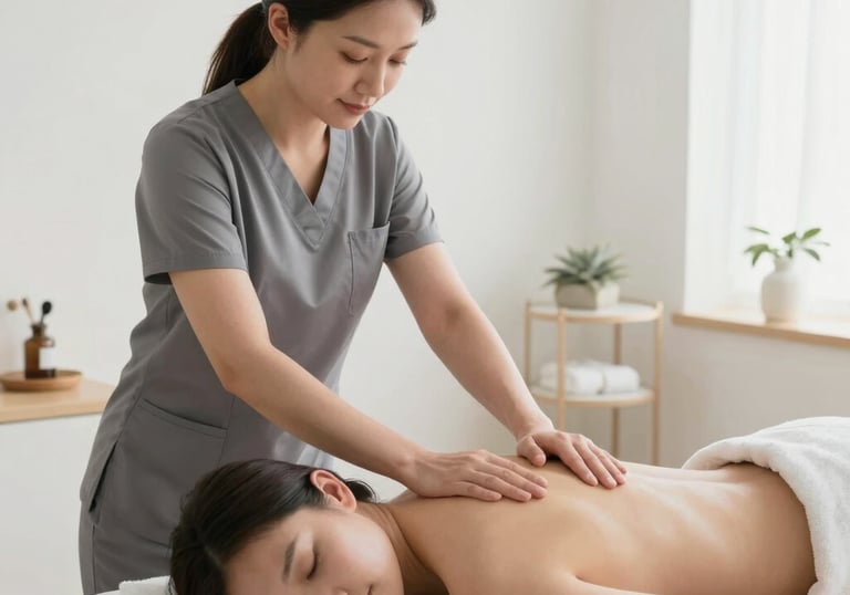 Close-up of hands performing a relaxing therapeutic massage on a client's shoulder.
