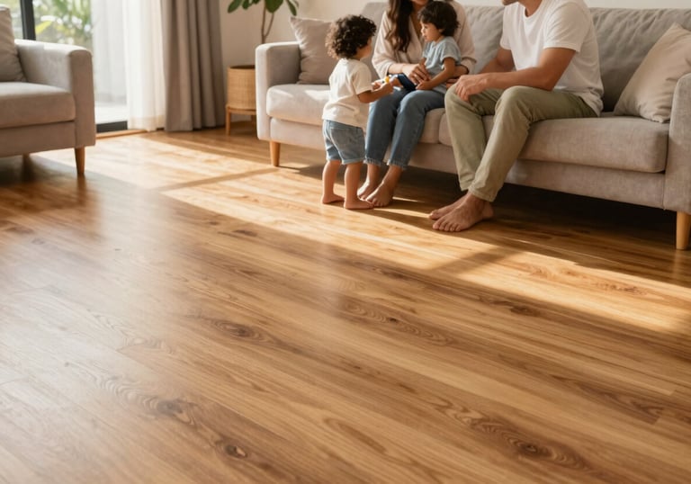 A South American family enjoying a moment together in a sunlit living room with beautiful honey-toned laminate floors. The image conveys a sense of comfort, hygiene, and high-quality home life.