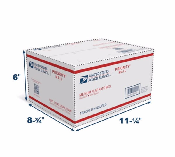 USPS Priority Mail Medium Flat Rate Box with dimensions 11-1/4 by 8-3/4 by 6 inches.