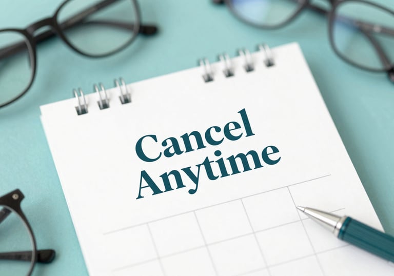 A close-up of a calendar with 'Cancel Anytime' written in elegant typography, surrounded by modern office tools in teal.