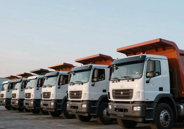 A wide angle shot of a row of heavy dump trucks parked in a neat line at an industrial equipment yard in North America, pale blue sky.