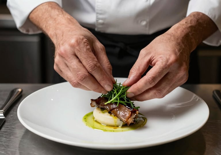 A high-angle shot of a chef's hands garnishing a modern dish with fresh herbs in a professional North American kitchen. Sharp focus, sophisticated culinary style.