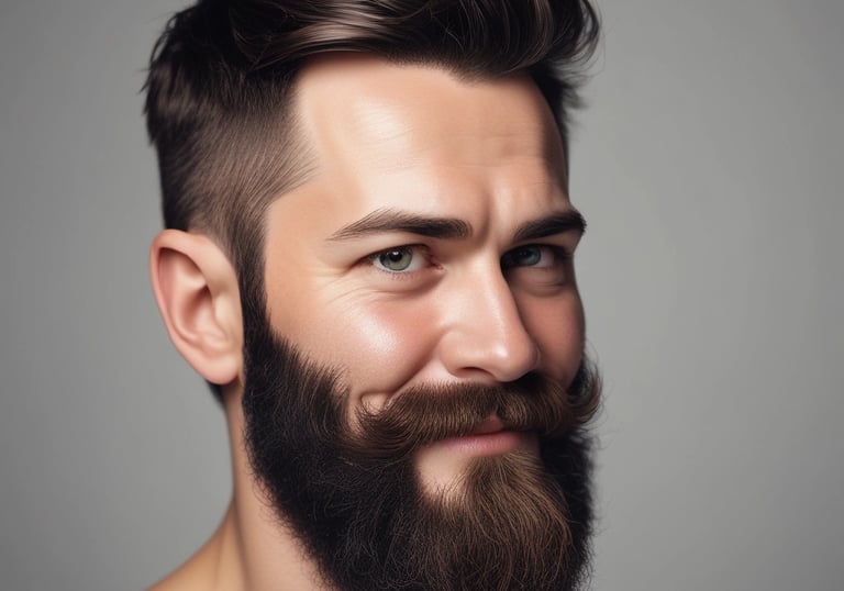 Before and after cartoon illustration of a man with newly transplanted beard looking confident.