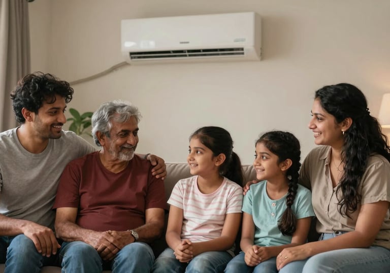 A happy South Asian / Indian family relaxing in a cool, comfortable living room with a modern AC unit visible in the background.