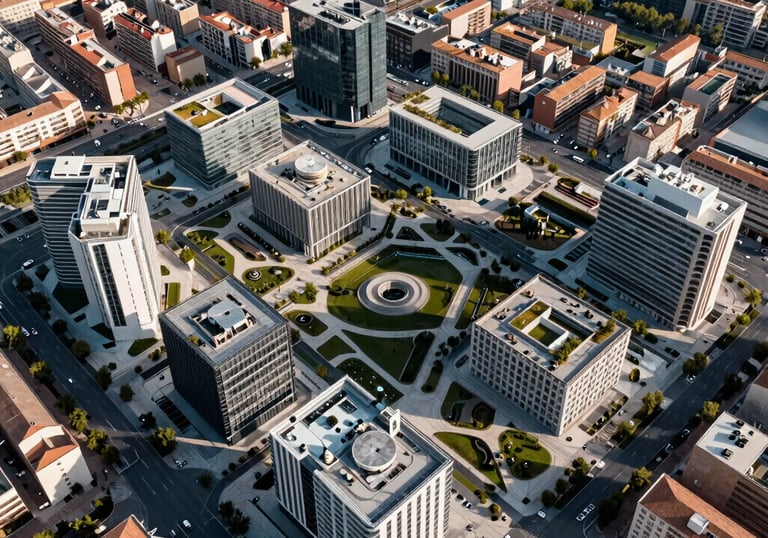 A top-down view of a modern urban development in Spain, emphasizing organized growth, green spaces, and professional architectural planning.