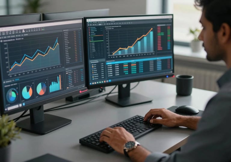 A close-up of a high-tech workspace with multiple monitors showing data analytics and growth charts, charcoal grey desk, modern South Asian professional atmosphere.