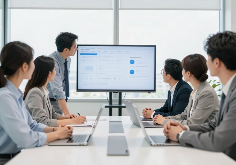 A group of professional colleagues in a bright North American office having a collaborative meeting around a screen, clean modern architecture, bright and airy feel.