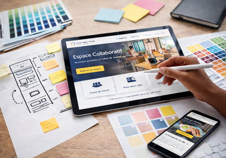 Conception du design d’un site internet professionnel sur tablette avec maquettes et palette de coul